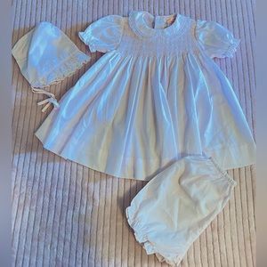 Petit Ami Hand Embroidered Smocked Lace Dress with bloomer shorts and bonnet. 6M